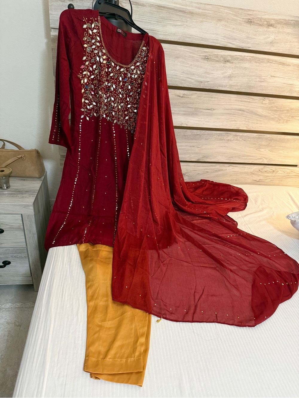 Women’s Red Embellished Kurta Set with Gold Pants medium size